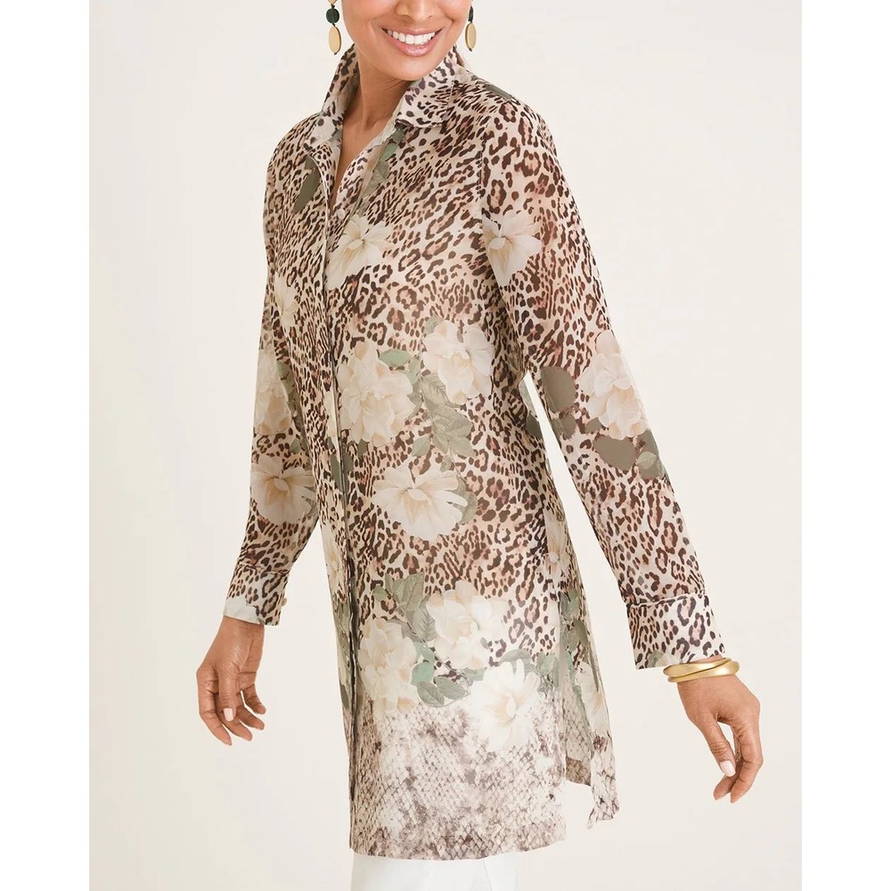Chicos Poised Blooms Tunic Sz 0 (US S) Animal Print Floral Snakeskin Sheer Flowy
